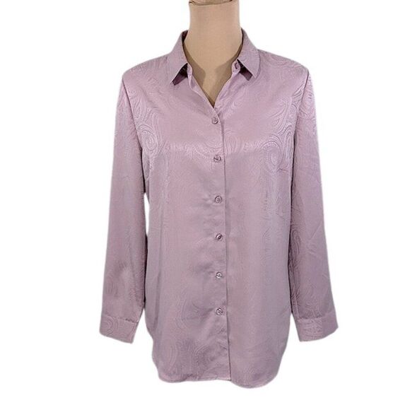 Chico’s Shirt Tunic Size 1 (8) Pink Long Sleeve Silky Paisley - Picture 2 of 13